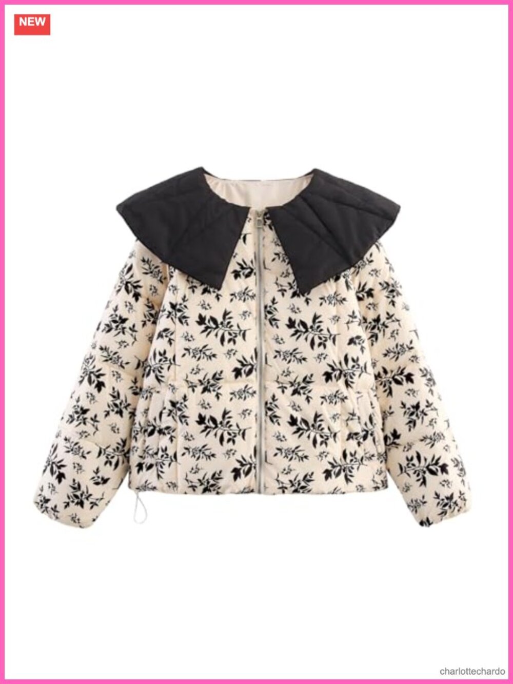 Women's Quilted Puffer Jacket Cropped Peter Pan Collar Floral Print